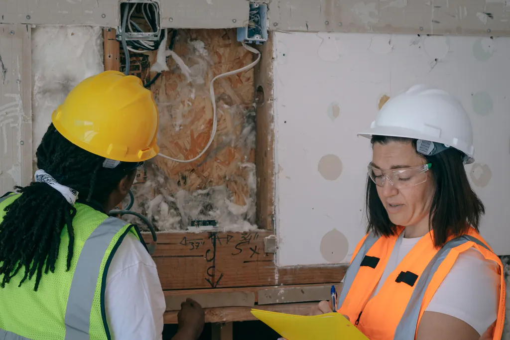 Two workers in hard hats at an opened wall with exposed device boxes and cable runs, one writing up the work on a yellow clipboard