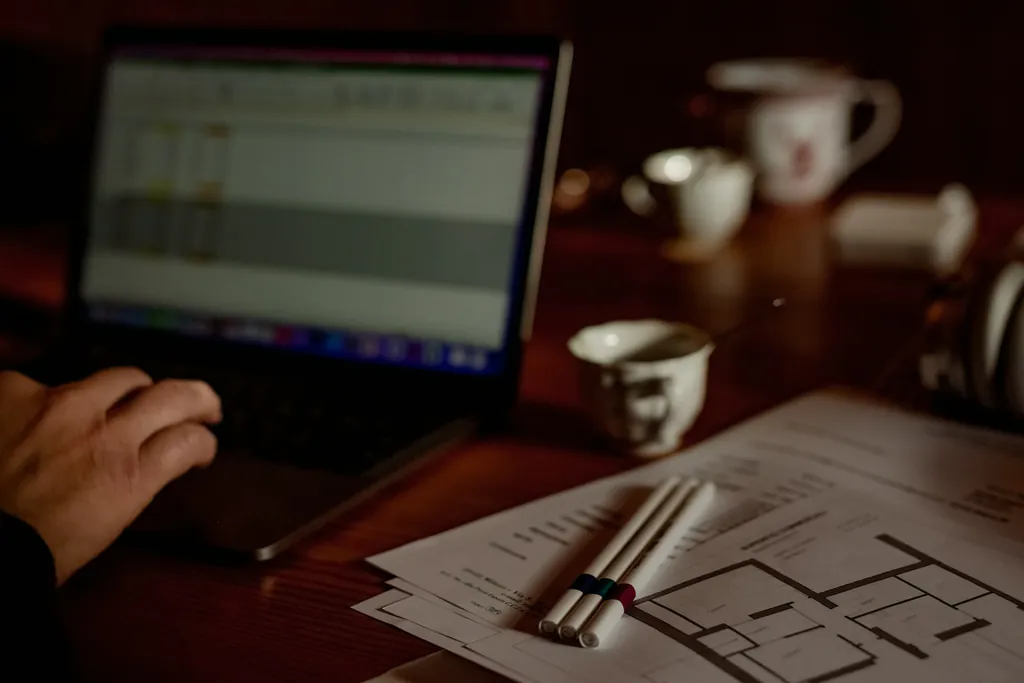 A hand on a laptop keyboard late at night, a spreadsheet glowing on the screen beside a printed floor plan, marker pens and empty espresso cups on a dark wooden table