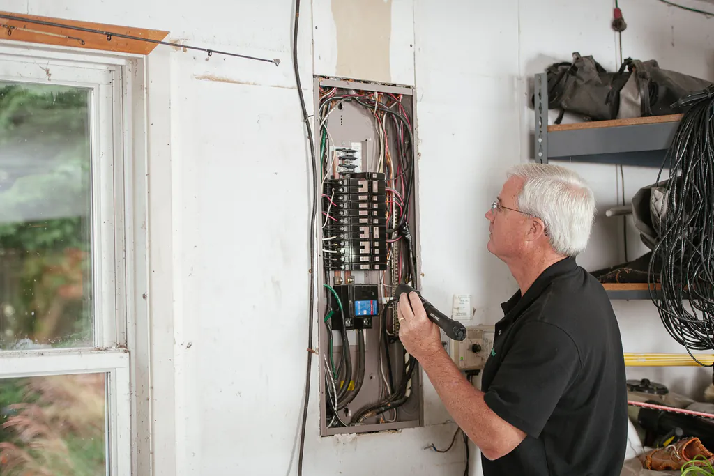 A gray-haired veteran electrician studying an open breaker panel in a garage with a flashlight, coils of wire hanging on the shelves beside them